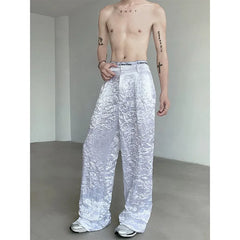Threebooy Pant Spring Summer Thin Bright Surface Personality Fold Wide-leg Mopping Trousers Harajuku Pantalon Mens Clothing