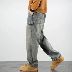 Threebooy American Casual Denim Pants Solid Color Retro Wide Leg Straight Mid Waist Pockets Bottoms Loose Fit Jeans Men Clothes