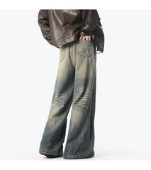 Threebooy American Style Vintage Straight Jeans Men Retro Fashion Mopping Pants Unisex High Street Loose Casual Wide Leg Denim Pants