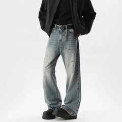 Threebooy Summer Men's Denim Pants Old Blue Washed Male Jeans Straight fleck Casual Menwear Loose Wide Leg Trousers 2024 New Fashion