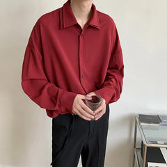 Threebooy Long Sleeve Shirt Men Double Collar Ice Silk Shirt Men Vintage Wine Red Shirts Men Korean Comfortable Blouse Casual Loose Shirt