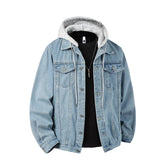 Threebooy Autumn Winter Hooded Denim Jackets Men Casual Streetwear Outerwear Solid Color Loose Couple Denim Coats Hat Detachable Jacket