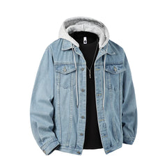 Threebooy Autumn Winter Hooded Denim Jackets Men Casual Streetwear Outerwear Solid Color Loose Couple Denim Coats Hat Detachable Jacket
