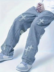 Threebooy Men's Loose Fit Washed Denim Cargo Pants with Large Pockets, Street Style Casual Jeans Suitable for Casual Wear