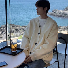 Threebooy Loose Fit Long Sve V-Ne Knitted Cardigan Men's Autumn Winter Thiened Polyester Fiber Casual Sle Outerwear Coat