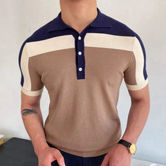Threebooy Men's Business Slim-fit Knit Polo Shirt Light Luxury Leisure Button-down Short Sleeve Shirts Breathable Patchwork Knitwear M-3XL