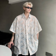 Threebooy Transparent Floral Handsome Shirts Summer Thin Fashion Casual Streetwear Loose Shirt Breathable Short Sleeve Men's Clothing