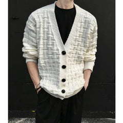 Threebooy American Style Cardigans Men V-neck Solid Jacquard Pattern Streetwear Autumn Winter New Popular Male Casual Daily Knitting Coat