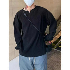 Threebooy Extra Large Pleated Pit Strip T-shirt for Men and Women with Design Sense V-neck Loose Long-sleeved Cityboy Henry Collar T-shirt