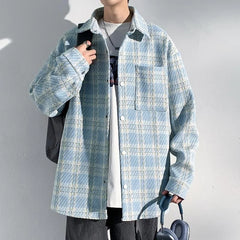 Threebooy New Men's Houndstooth Button-up Cardigan Jackets High Street Fashion Plaid Long Sleeve Shirts Pocket Y2K Outerwear Jacket