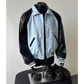 Threebooy American Retro Baseball Uniform High Street Contrasting PU Leather Bead Design Ragdoll Sleeve Jacket Versatile Couple Jacket