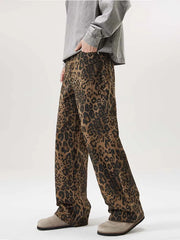 Threebooy 100% Cotton Leopard Print Men's Straight Jeans Baggy Fashion Designer Casual Pants Personality Streetwear Hip Hop Male Trousers