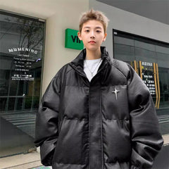 Threebooy 90s 00s Streetwear American Style Trendy PU Leather Cotton-Padded Coat Men's Winter Stand Collar Puffer Jacket Loose Fit Casual