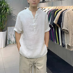 Threebooy Summer New Loose V-neck New Chinese Retro Men's Patchwork Button Fashion Solid Color Loose Casual Short Sleeved Shirts