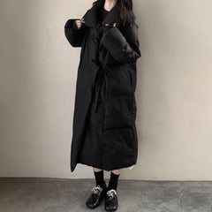 Threebooy Mens Silk-Like Cotton Filling Coat Inner Pockets Warm Cotton-Padded Coat Winter Couples Fashion British Elegant Long Coat Unisex