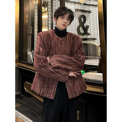 Threebooy Round Collar Tweed Blazers Cardigan Men's Autumn Collarless Short Jacket Korean Style Chic Fashion Elgance Coat Handsome Jackets
