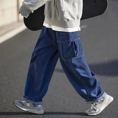 Threebooy Men's Baggy Homme Casual Pants Classic Cargo Straight Pants Pocket Decorate Jeans Biker Denim Blue Color Trousers M-5XL