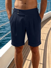 Threebooy Men High Waist Pleated Waffle Suit Shorts Adjustable Side Buckle Cuffed Bermuda Shorts 100% Polyester S-XXL