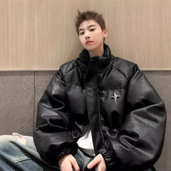 Threebooy 90s 00s Streetwear American Style Trendy PU Leather Cotton-Padded Coat Men's Winter Stand Collar Puffer Jacket Loose Fit Casual