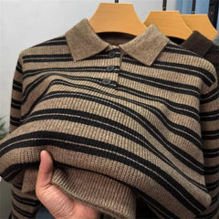 Threebooy Autumn Retro Colorblock Striped Polo Collar Knitwear For Men Korean Fashion Long Sleeve Knitted Pullovers Fleece Y2K Sweaters