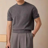 Threebooy New Korean Fashion Men T-shirt Light Luxury Knitted Breathable O Neck Tees Casual Slim-fit Solid Color Short Sleeve Basic Tops
