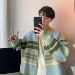 Threebooy Autumn Clothing Men's Light Luxury Knitted Cardigan Sweatercoat Korean Vintage Zipper Striped Long Sleeve Knitwear New