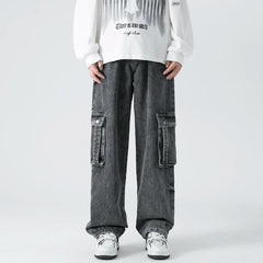 Threebooy Autumn New Men's Denim Wide-leg Pants American Baggy Cargo Jeans Ins Multi-pocket Vintage Streetwear Trousers Grey Blue