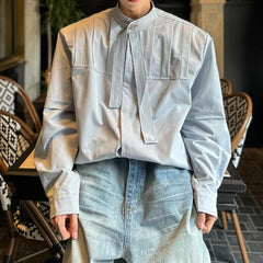 Threebooy Mens Shirt Ribbon Casual Pleated Shirt Autumn Streetwear Fashion Personality Niche Thin Long-Sleeved Top Men'S Clothing