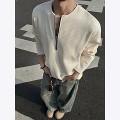 Threebooy New Men Slim Fit Half Zip Solid Color Round Neck Long Sleeve Tshirt Spring Base shirt Casual Streetwear Hot Sale Trend T shirt