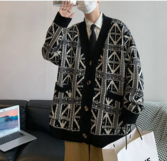 Knitted Cardigans Men American Vintage Loose Couples Plaid Fashion Coats High Street Long Sleeve Sweaters All-match Outwear New