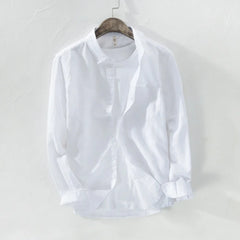 Threebooy Mens Cotton Linen Shirt Breathable Casual Solid Colors Loose Turn-down Collar Long Sleeve Button Down Blouse Tops Shirts For Man