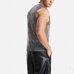 Threebooy Men's Hollow Out Mesh Tank Tops Fashion Vests Tassel Sleeveless Streetwear Heavy Craft Perspective Sexy Performance Nightclub