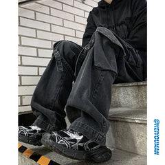 Threebooy And Winter New Japanese Overalls Jeans Men And Women American Retro High Street Micro-la Washed Wide-leg Straight Pants