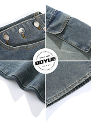 Threebooy American Retro Patch Embroidered Old Washing Denim Overalls Korean Fashion Men Women Vintage Jumpsuits Aesthetic Functional