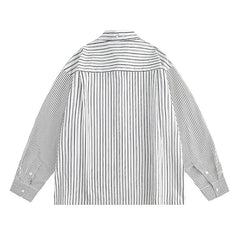 Threebooy Men Retro Striped Shirt Hip Hop Streetwear Oversize Shirt Chest Pocket Harajuku Long Sleeve Checkered Patchwork Shirt Coats