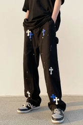 Threebooy Applique Cross Jeans Men's High Street Trend Loose Wide-leg Pants Hiphop Casual Loose Mopping Straight Denim Trousers Oversize
