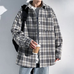 Threebooy New Men's Houndstooth Button-up Cardigan Jackets High Street Fashion Plaid Long Sleeve Shirts Pocket Y2K Outerwear Jacket