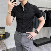 Threebooy Brand Clothing Men's Summer Leisure Stripe Short Sleeve Shirts/Male Slim Fit Business Lapel Shirts Black White S-5XL