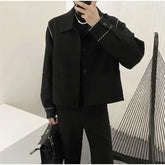 Threebooy Fashion Black Stitching Jacket Men's Buttons Spring Autumn New Loose Turndown Collar Single-breasted Long Sleeves Tops Jackets
