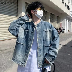 American Vintage Denim Jackets for Men Frayed Designed Harajuku Korean Fashion Streetwear Trendy Y2k Jacket Casual High Street