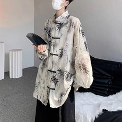 Threebooy Art Men Chinese Style Hanfu Tops Traditional Ethnic Kung Fu Trendy Shirt Sunscreen Clothing Bamboo Leaf Pan Button Printing Top