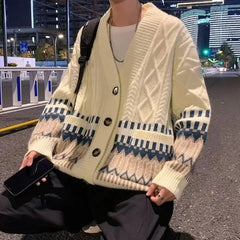 Threebooy New Autumn and Winter Fashion Academy Style V-neck Printed Single Breasted Loose Casual Oversize Men's Sweater Cardigan