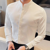 Threebooy Long-sleeved Shirt for Men Fashionable Casual Simple Solid Color Versatile Slim-fit Stand-up Collar Concealed Button-up Shirt
