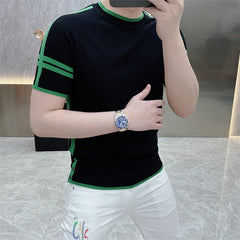 Threebooy Summer Knitted Striped T-shirt for Men Elastic Ice Silk Short Sleeve Round Neck T-shirt Slim Fit Casual Business Tee Tops M-4XL