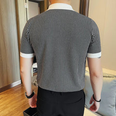 Threebooy Striped Men's Short Sleeved Lapel Polo Shirt Summer Fashion Versatile Casual Knitted T-shirt Ice Silk Breathable Business Polo