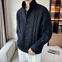 Threebooy New Korean Style Jacquard Men Cardigan Jackets Fashion Luxury Knitted Button-down Long Sleeve Sweater Coat Winter Warm Knitwear