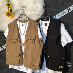 Threebooy Summer New Men's Cargo Sleeveless Solid Color Vest Multi-Pocket American Retro Fashion Casual Trend Street Loose Men's Tops