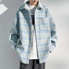 Threebooy New Men's Houndstooth Button-up Cardigan Jackets High Street Fashion Plaid Long Sleeve Shirts Pocket Y2K Outerwear Jacket