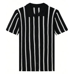 Threebooy New British Business Men Striped Polo Shirt Light Luxury Hollow Out Knit Short Sleeve T-shirts Loose Breathable Knitwear S-2XL