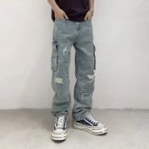 Threebooy Multi-pocket hole high-end heavy washing loose tide men's straight pants casual fall sense of work Motorcycle personality pants